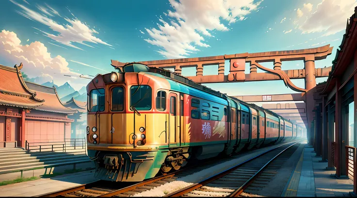 trains in china in the eighties, torii, sharp and clear, very realistic (weight: 1.4), hdr, 4k, create a sense of panorama.