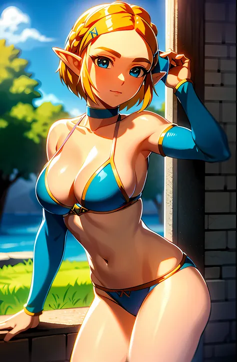 masterpiece,best quality,zelda(princess), 1girl, solo, large breasts,short_hair, two piece bikini, micro bikini, cleavage, sleeveless, bare arms