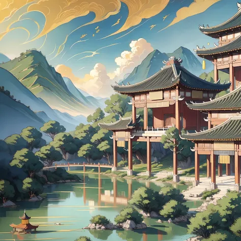 an ancient chinese painting, ancient chinese background, mountains, rivers, auspicious clouds, pavilions, sunshine, masterpieces...