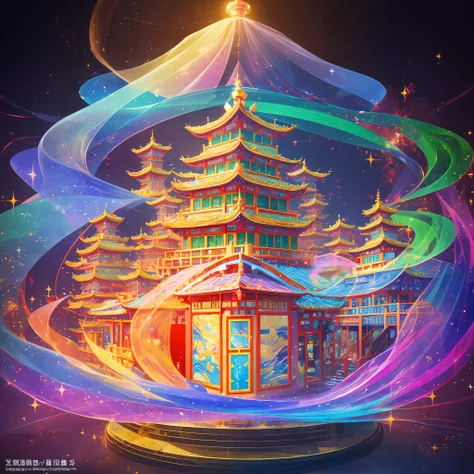 zhonggguo, fantasy glazed pagoda, crystal clear, colorful, exudes a colorful halo, sparkle, god rays, vignetting, ray tracing, c...