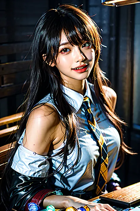 (masterpiece), best quality, ultra high res, close up, slim body, 1girl,school uniform, long hair, laughing, ramen, night, Tokyo restaurant background, colorful lights, photon mapping, radiosity, physically-based rendering, cinematic lighting, intricate, H...