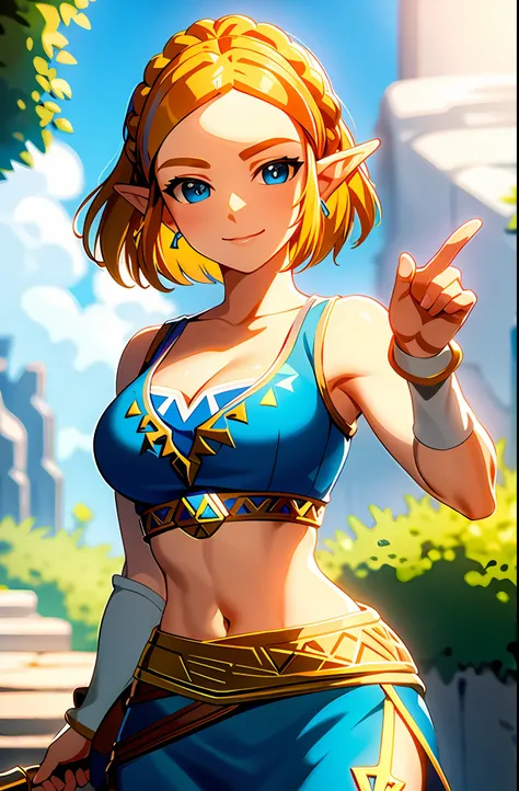 masterpiece,best quality,zelda\(princess\), 1girl, solo, large breasts,short_hair, cleavage, bare arms, sleeveless, smile, crop ...