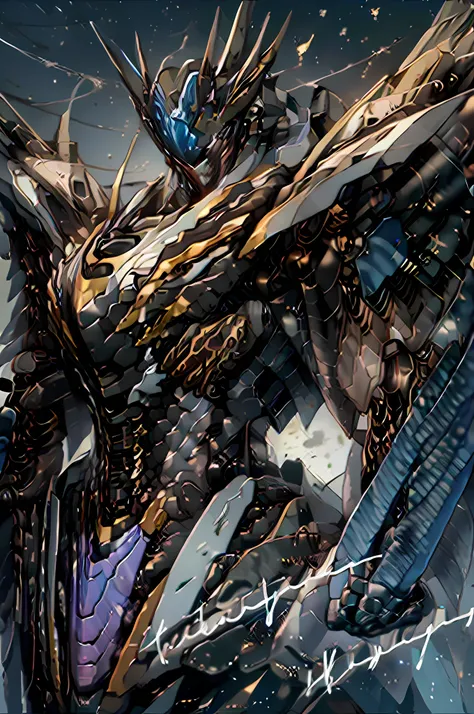 ((Best quality)), ((masterpiece)), (highly detailed:1.3), 3D, beautiful, (cyberpunk:1.2), in space, nebula, holding_weapon, (1Female mecha:1.3), facing the viewer, glowing eyes, full body, (flying, swooping down, dynamic, motion blur: 1.4), (huge mecha win...