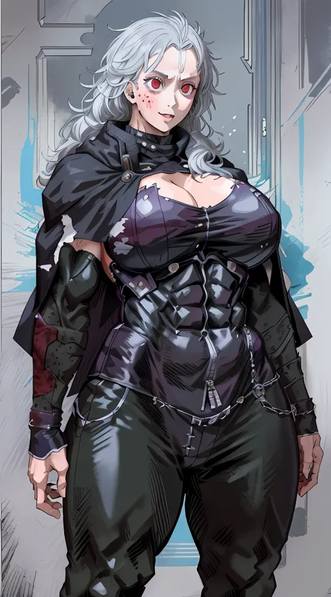 noi_dorohedoro, noi, muscular girl, huge chest, tall woman, priestess, martial art, modest, fully clothed, bent,, pants, cloak, priestess, holy, smile, coat, medieval, unmasked, nun, cloak,, black body suit