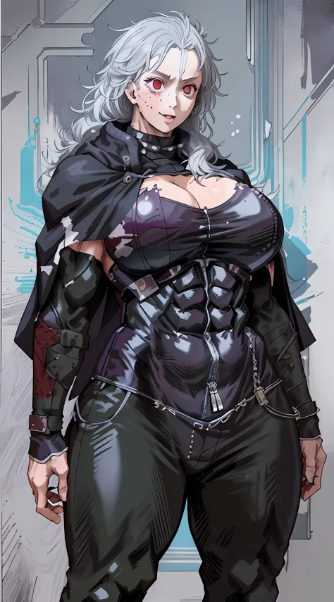 noi_dorohedoro, noi, muscular girl, huge chest, tall woman, priestess, martial art, modest, fully clothed, bent,, pants, cloak, priestess, holy, smile, coat, medieval, unmasked, nun, cloak,, black body suit