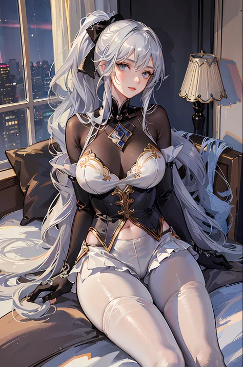 (((1 girl)),ray tracing,(dim lighting),[detailed background (bedroom)),((silver hair)),((silver hair)),(fluffy silver hair, plump slender girl)) with high ponytail)))) Avoid golden eyes in the ominous bedroom (((girl wears intricately embroidered transpare...