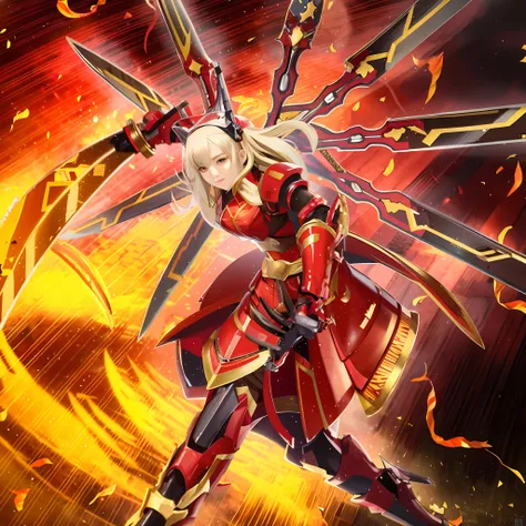 anime girl with sword and armor in fire with flames, edelgard fire emblem, lady in red armor, ayaka genshin impact, edelgard from fire emblem, flame conjuring armored, guilty gear strive splash art, ayaka game genshin impact, red armor, fate grand order, g...