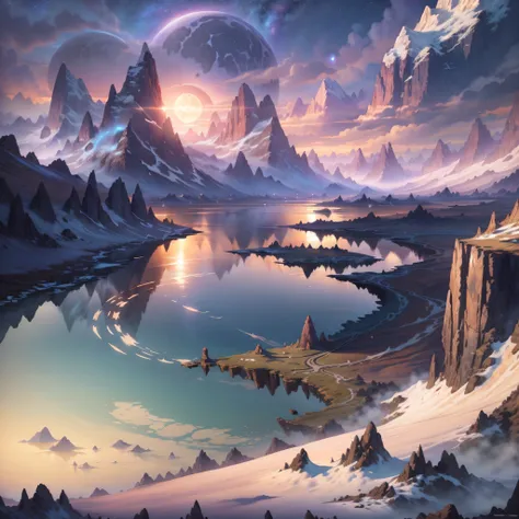 mountains and a lake with a moon in the sky, 4k highly detailed digital art, 4 k hd wallpaper very detailed, impressive fantasy ...