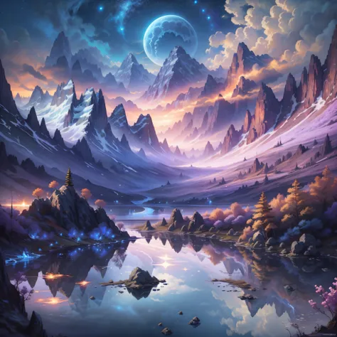 (enlarged: 1.1), mountains and a lake with a moon in the sky, 4k highly detailed digital art, 4k hd very detailed wallpaper, stu...