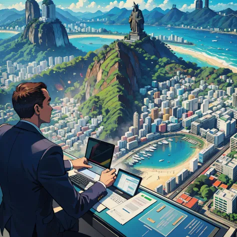 businessman hitting computer near corcovado in rio, brazil, cool, emotional, corcovado, hill, christianity, emotional, aerial vi...