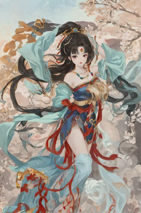 An ancient Chinese beauty sitting on a stone, wearing ancient Chinese clothing, flowing tulle, light silk, lazy posture, large lotus leaf, lotus, ink painting style, clean color, decisive cutting, blank, freehand, masterpiece, super detailed, epic composit...