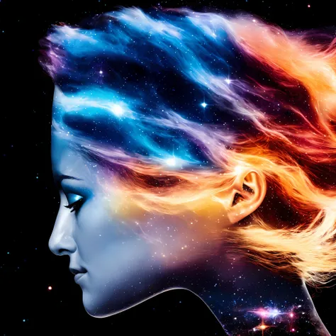 dblxp a close-up photo profile of a woman made out of a galaxy, black background