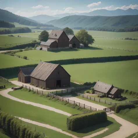 Dark fantasy farm, Medieval fantasy, medieval, fenced farm with wooden fence, mill, plantations, wooden stable, wagon, ultra realistic, 8k