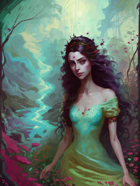 a painting of a woman in a dress standing in a forest by a lake with flowers in her hair, Charlie Bowater, magic the gathering artwork, a detailed painting, fantasy art