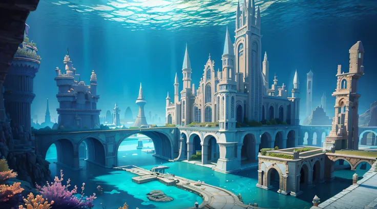 there is a castle in the middle of a body of water, an underwater city, underwater city, atlantis city, city of atlantis, the ci...