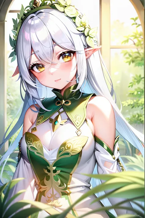 Anime girl with long white hair and green dress in front of window, seductive elf princess knight, elf girl, elf princess, elf princess knight, elf character with giggle, elf queen, portrait of elf queen, portrait of zodiac girl knight, she has elf ears an...