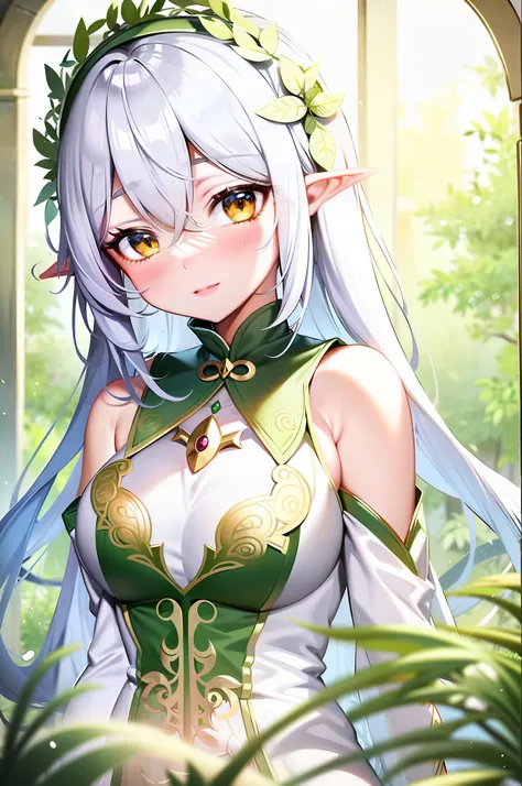 anime girl with long white hair and green dress in front of window, seductive elf princess knight, elf girl, elf princess, elf p...