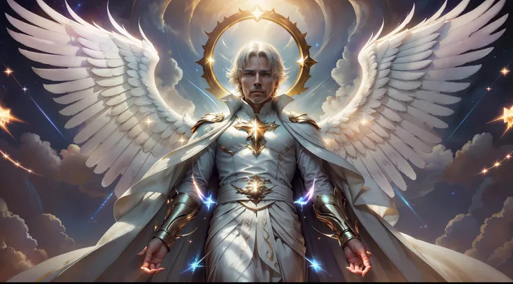 archangel gabriel, male figure, wrapped in a simple white gown, dark hair, looking 45 years old, (((descending from the heavens ...