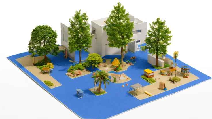 Desktop ornaments, nursing home sand table model, interactive model, map layout, house, pavilion, chess and card room, garden, room, outdoor interactive sand table model, isometric style, accurate 120 degrees, poly art, stylized 3D rendering, sand table mo...