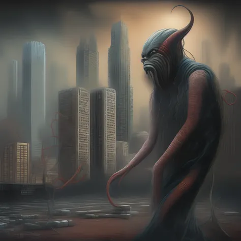 photo, a strange looking creature standing in the middle of a city (megademons style:1)