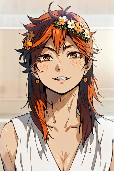 HD, (Best Detail) (Best Quality), There is a woman with a flower crown on her head, Hinata Shoyo, ultra-detailed face, playing volleyball, short orange hair, volleyball costume, focused eyes, side view, short neck, pointed chin, cats eyes,