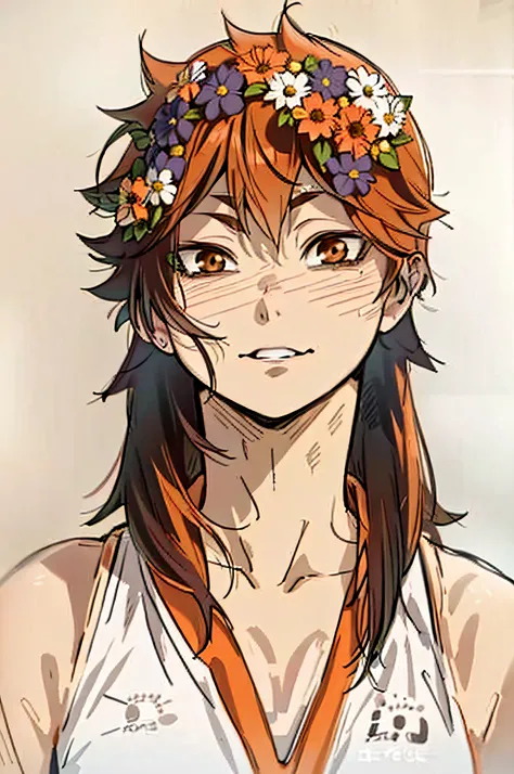HD, (Best Detail) (Best Quality), Has a Woman with a Flower Crown on Her Head, Hinata Shoyo, Ultra-detailed Face, Playing Volleyball, Short Orange Hair, Volleyball Costume, Focused Eyes, Short Neck, Pointed Chin, Cats Eyes,