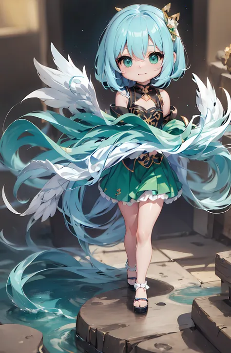 one anime angel doll, (chibi: 1.2), 8k high quality detail art, white feathers on the back, emerald green hair, gradient, twinkl...