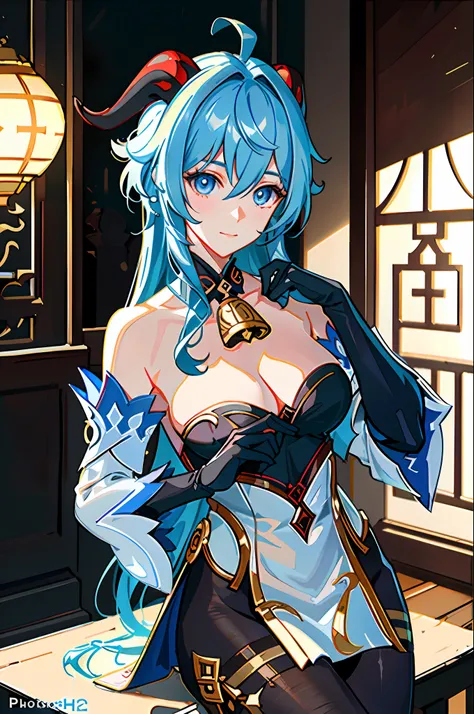 (photorealistic:1.4), (masterpiece, sidelighting, finely detailed beautiful eyes: 1.2), masterpiece*portrait, realistic, 3d face,
ganyu (genshin impact), 1girl, ahoge, architecture, bangs, bare shoulders, bell, black gloves, black pantyhose, (blue hair), ...