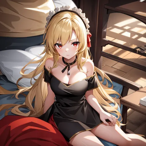 blonde, red eyes, single girl, off-shoulder, sexy, sitting, anime