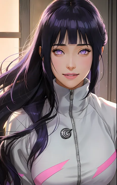 a girl with long blue hair and a gray shirt, hinata hyuga, hinata hyuga from naruto, she has black hair with blunt bangs, realis...