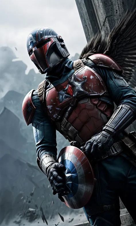 extremely detailed and ultra - realistic full body illustration of captain america as a mandalorian, his helmet retaining the tr...