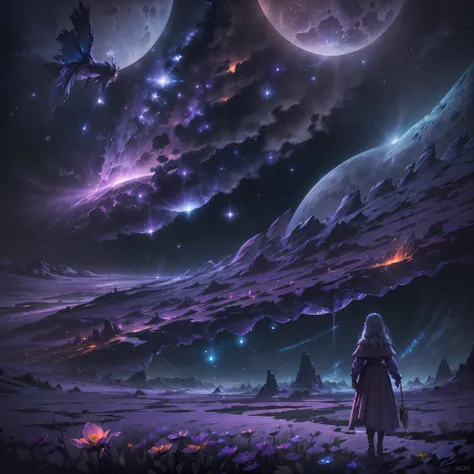 expansive landscape photograph , (a view from below that shows sky above and open field below), a girl hair silver standing on flower field looking up, (full moon:1.2), ( shooting stars:0.9), (nebula:1.3), distant mountain, tree BREAK production art, (warm...