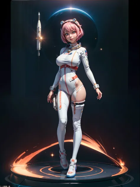 ((Full body):2) {((Alone/A woman/standing):1.5)}: ((wearing a NASA astronaut suit, with headgear with transparent glass):1.2), ((extremely large breasts ):1.2), ((shimmering blue eyes, short pink hair)1.3), ((looking at viewer with loving eyes, smile):1.2)...