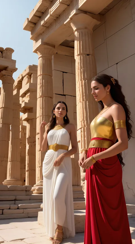 (masterpiece, 8K, UHD, realistic photography:1.3, by Greg Rutkowski), beautiful ancient Greek women, (adorned in short ancient Greek dresses and sandals:1.2), offering gold coins to an ancient Greek official, ancient Greek era, bustling marketplace, vibran...