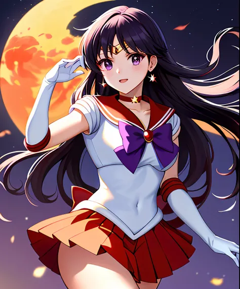 masterpiece, best quality, highres, sama1, tiara, sailor senshi uniform, white gloves, red sailor collar, red skirt, star choker, elbow gloves, pleated skirt, bare legs, purple bow, magic, fire, moon, city standing, cowboy shot, fire_particles