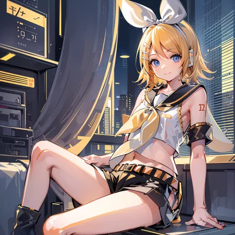 (Masterpiece), (Best Quality), (Illustration), (Ultra Detailed), (High Resolution), Absurdity, One Girl, (Kagamine_Rin:1.5), (Vocaloid), Shoulders are cut off, Short hair, Hair clip, (Blonde), Very Pretty Girl, Small, (Young), Sitting, Collapsed Upright, I...