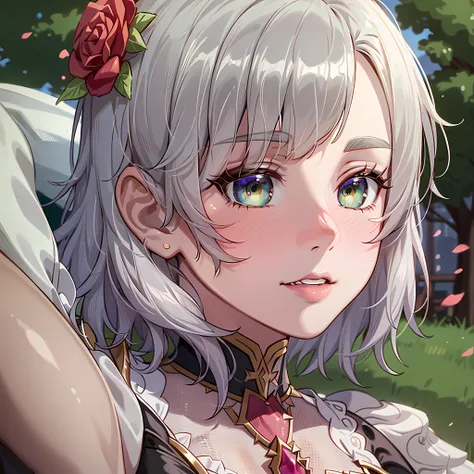 noelle in a park, noelle \(genshin impact\) , 1girl, green eyes, silver hair, short hair, medium breasts, rose, red flower, hair...