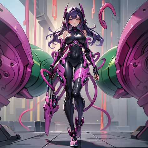 woman in purple tentacle color costume, best anime 4k wallpaper, full body, cyberpunk tentacles, mechanized valkyrie girl, biome...