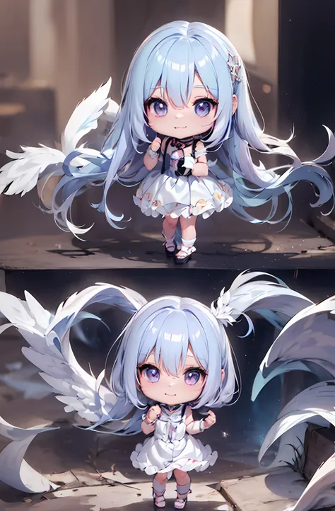 1 anime angel doll, (chibi: 1.2), 8k high quality detail art, white feathers on the back, light purple hair, gradient, twinkle, ...