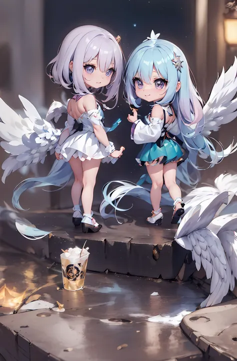 1 anime angel doll, (chibi: 1.2), 8k high quality detail art, white feathers on the back, light purple hair, gradient, twinkle, ...