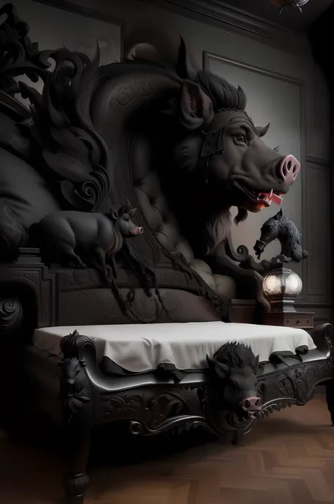 boar's head and a lamp on the headboard, majestic gothic furious boar head, black boar, fangs, majestic gothic indian wild boar,...