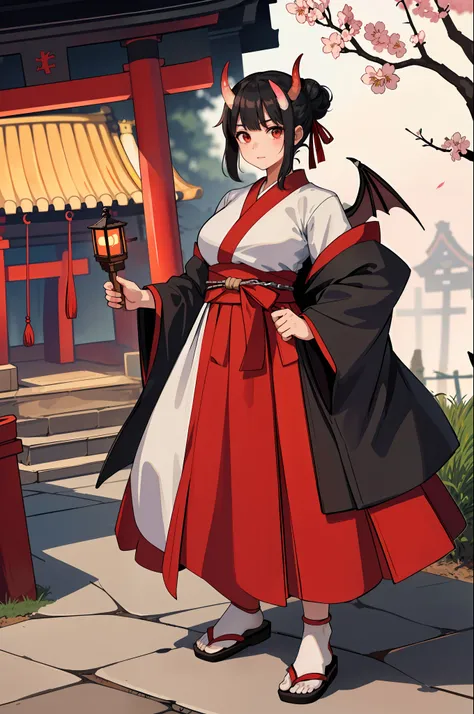 1 Girl, (Muscle:1.3),, Big Woman, (Demon Horn:1.4), (Shabby Clothing:1.2), Accessories, Battle Scars, (Torii), (Black Hair), (Hair Bun), Solo Focus, (Depth of Field, Ambient Lighting, Blurred Foreground, Blurred Background: 1.3), (Japan Village: 1.3), Cher...