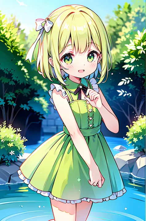 Top quality, super high resolution, single girl, (short hair splashing outside, blonde hair, light green eyes), toddler figure, white ribbon on both heads, sleeveless dress, smiling