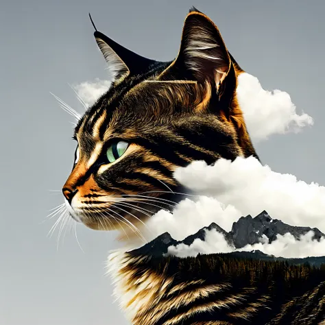 dblxp a profile close-up of a cat made out of forest, mountain and clouds, grey background