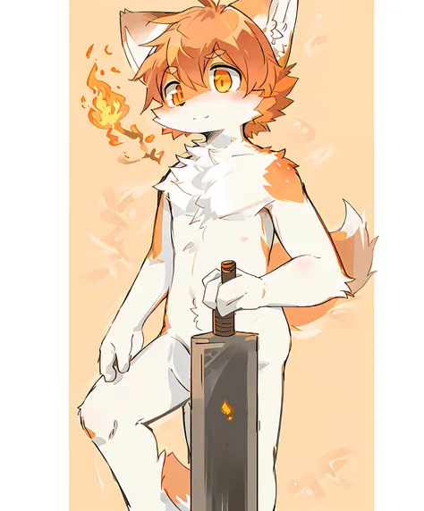 Masterpiece, masterpiece, high quality, orange fox ears, an orange fox holding a large sword, orange fox tail, flame element, two fire slimes on the shoulder, furry boy, handsome