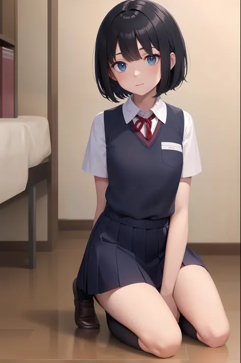 best quality, masterpiece, school uniform, school uniform, socks, kneeling, cute, black hair, short hair, blue eyes,