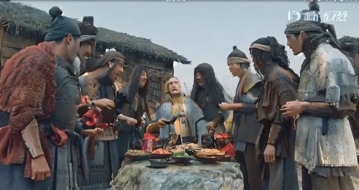 several people standing around a table with food and drinks, scene from live action movie, highlight scene of the movie, still from a live action movie, movie screencap, screenshot from a movie, still from a fantasy movie, scene from a movie, still from th...