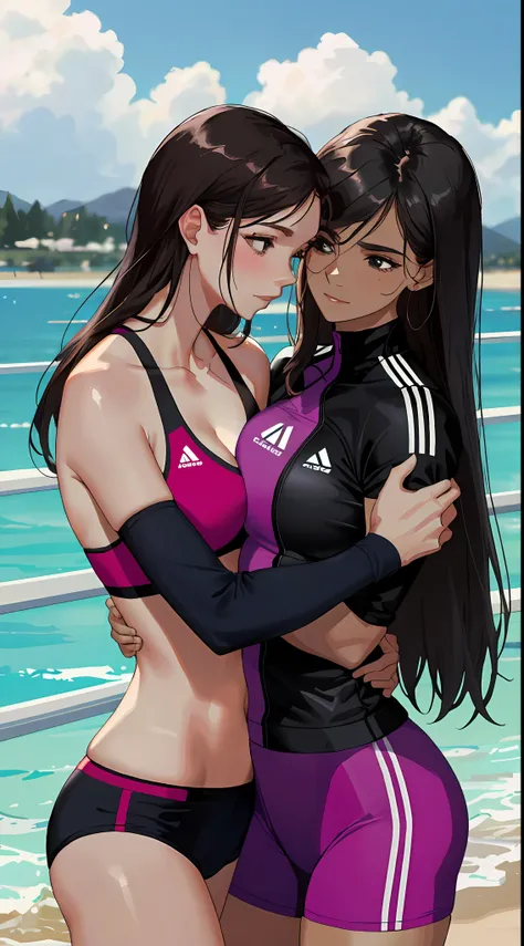 2 women hugging in a ring, wearing sexy MMA clothes, on a hot summer day, sexy:1,5, yuri, lesbian, nsfw, lascivious:1,5