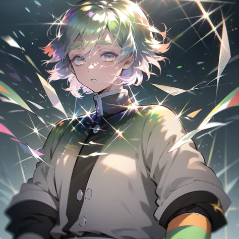 0.5>.1boy, short hair, black hair, military uniform, diamond, multicolored hair, multicolored eyes, anime boy