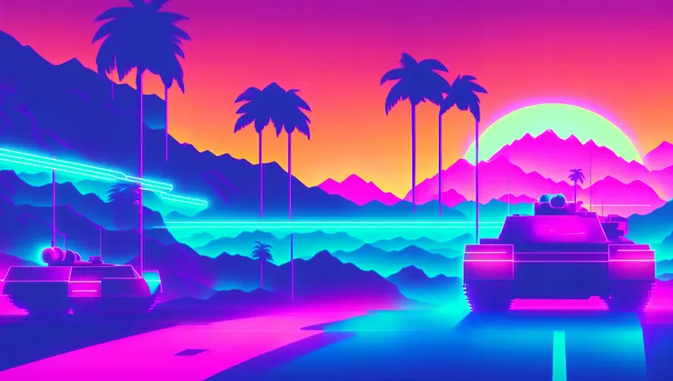 (tank) driving down the street to the sunset, outrun, snthwve style wallpaper